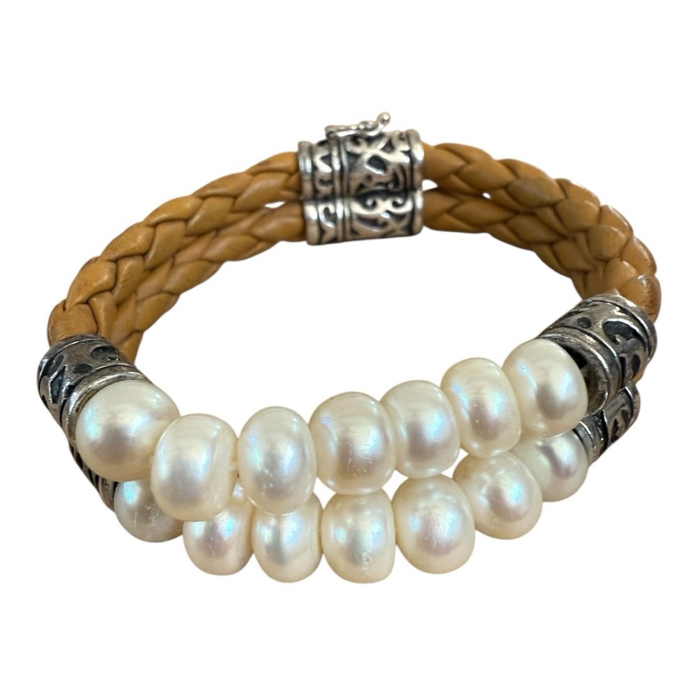 Leather Bracelet with Two Rows of  Fresh Water Pearls
